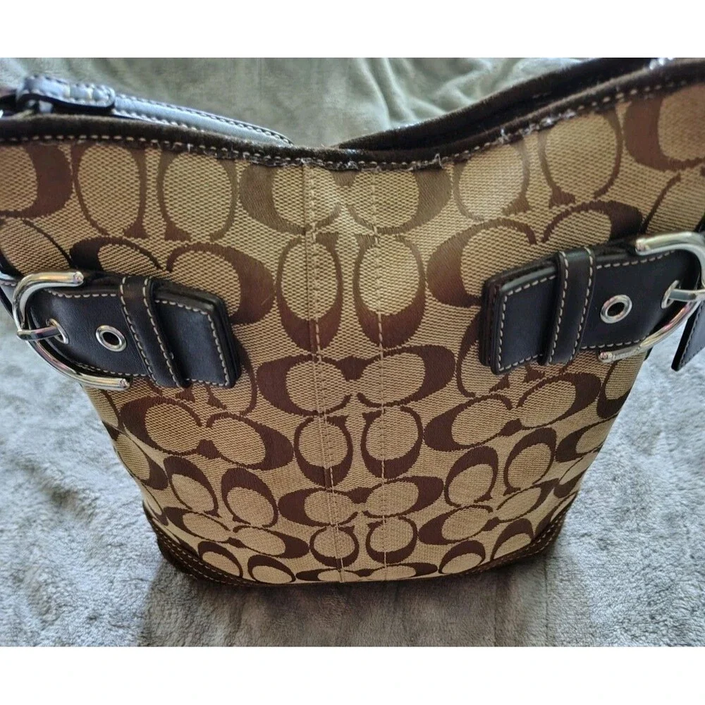 Coach Brown Signature Logo Shoulder Bag with Leather Trim, Buckle, Zip, Dust Bag